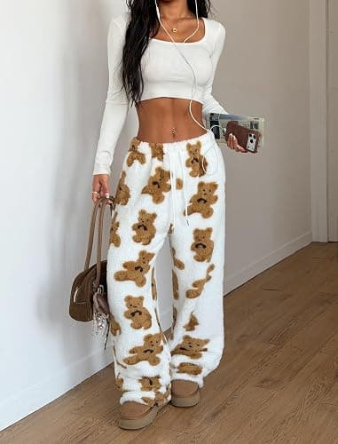 ZAFUL Women's Fuzzy Plush Pajama Pants Drawstring Elastic Waist Wide Leg Teddy Pj Bottoms Lounge Pants thumbnail 5