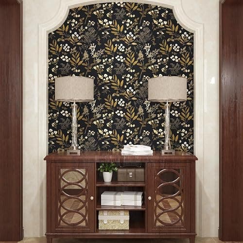 Laatse Black Gold Wallpaper Peel and Stick Dark Floral Wallpaper 17.5in x 118in Vintage Leaf Contact Paper Vinyl Waterproof Self Adhesive Boho Botanical Wall Paper for Bedroom Cabinet Décor thumbnail 2