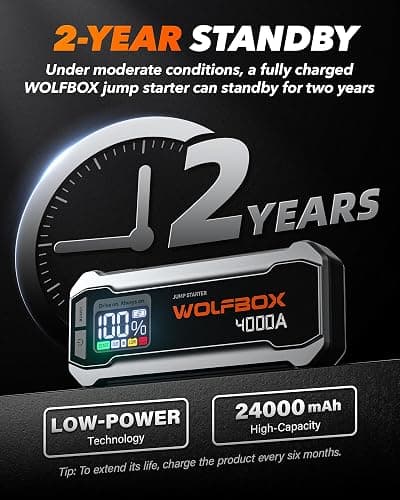 WOLFBOX MV24 4000A Jump Starter,12V Car Booster Pack with 65W Quick Charger,LED Display,24000mAh Portable Jump Starter Battery (10L Gas 10L Diesel Engine) with LED Light,Jumper Cables thumbnail 7