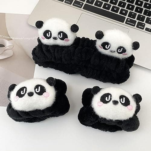 JazSwirl Spa Headband Wrist Bands for Washing Face, 3 Pcs Black White Panda Face Wash Headbands, Kawaii Panda Headband with Arm Bands, Cute Animal Spa Makeup Skincare Headbands with Wristbands thumbnail 3