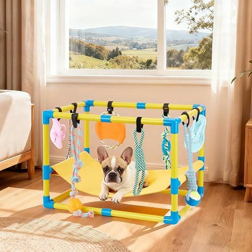 Keaber Puppy Play Gym with 8 Hanging Toys, Jungle Playground Gym for Small Dogs, PVC Frame with Hammock and Funny Enrichment Toys (23x17x17in) thumbnail 6