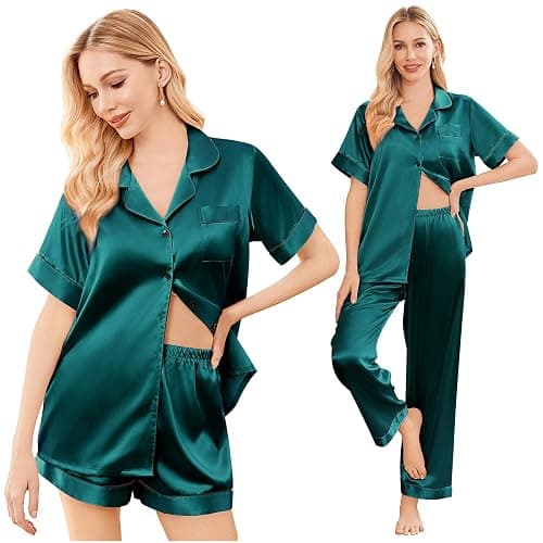 Ekouaer Silk Pajamas for Women Set Satin Pjs Soft Short Sleeve Button Down Sleepwear 3 Piece Loungewear S-XXL thumbnail 2