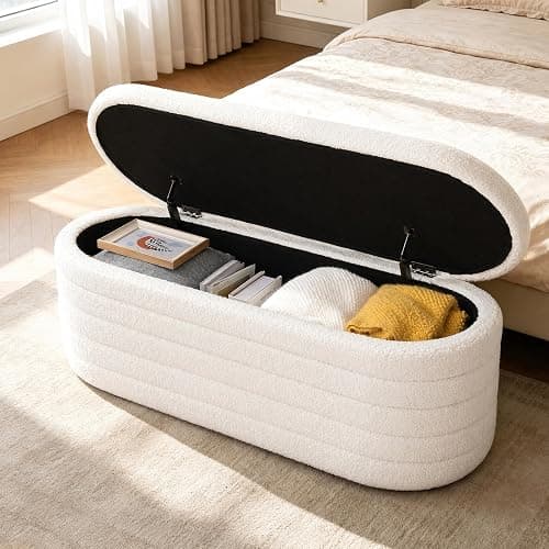 Dolift 45.5-inch Modern Teddy Sherpa Storage Ottoman Bench, Upholstered Fabric Bench for Bedroom End of Bed, Oval White Boucle Storage Ottoman for Living Room, Entryway, Small Apartment thumbnail 6