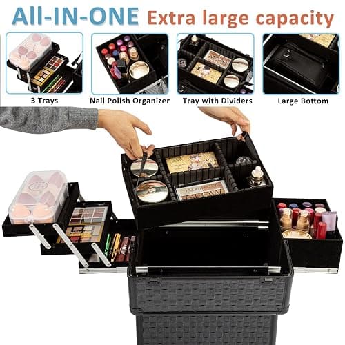 AROUS Rolling Makeup Train Case, Large Storage Cosmetic Trolley 4 Tray with 360° Swivel Wheels Keys, Large Storage Traveling Cart Trunk, Cosmetic Train Cases for Nail Technicians Hairstylist, Black thumbnail 3