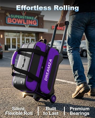 DREAMZA 2 Ball Bowling Bag with Wheels, Double Bowling Ball Bag 2 Ball Roller w/Separate Compartment for Shoes Up to US Mens Size 16, w/Retractable Handle Extends to 40" & Accessories Pocket thumbnail 2