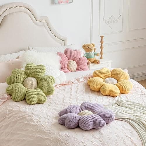 Sioloc Flower Throw Pillow,Floor Cushion, Seat Cushion, Cute Flower Pillow, Aesthetic Pillow as Room Decor, Decorative Pillows for Bed Sofa Couch(White,15.7Inch) thumbnail 3