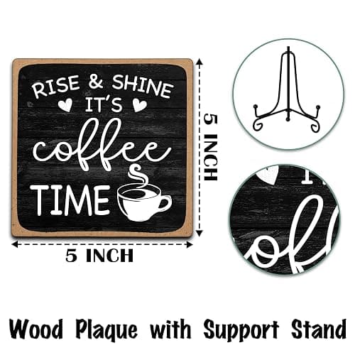 Farmhouse Coffee Bar Sign, Rise & Shine It's Coffee Time, 5"x5" Wood Plaque with Stand Gift for Home Kitchen Tabletop Decor -B09 thumbnail 3