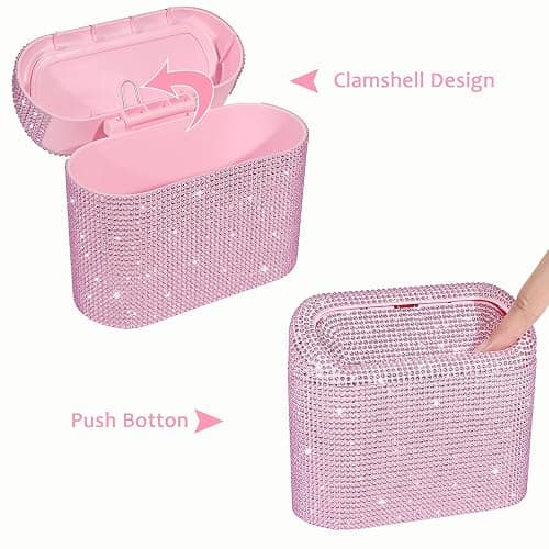 Accmor Bling Car Trash Can with Lid, Leak-Proof Mini Vehicle Trash Bin Automotive Dustbin Organizer Storage, Sparkling Crystal Trash Bag Container with 30pcs Garbage Bags for Car, Home, Office (Pink) thumbnail 3