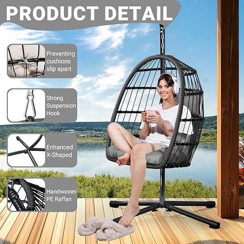 LEVELEVE Egg Chair with Stand,Patio Rattan Wicker Hanging Swing Egg Chair Hammock Chair for Bedroom Porch Garden,Thickened Aluminum Alloy Steel Frame and UV Resistant Cushion,350LBS Capacity thumbnail 5