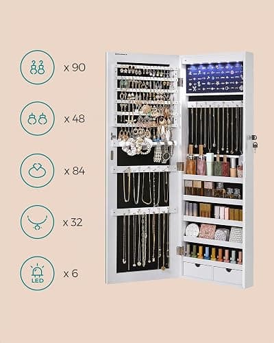 SONGMICS Schmuckschrank mit langem Spiegel, Schmuckaufbewahrung mit 6 LED-Lampen, zum Aufhängen an der Tür oder zur Befestigung an der Wand, großes Fassungsvermögen, 2 Schubladen, Weiß JJC99WT thumbnail 7