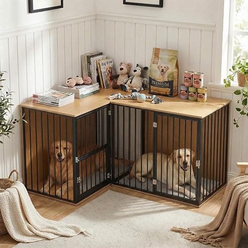 Large Double Dog Crate Furniture - TV Stand & Indoor Kennel with Adjustable Divider, Heavy Duty Wooden Pet House for 2 Large Breed Dogs, Removable Doors, with Rotating Feeder (Dark) - Image 1