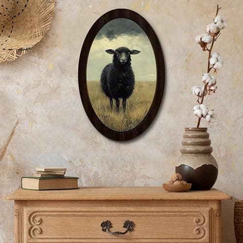 KDHTY Vintage Black Sheep Moody Oval Wall Art Framed Poster,Rustic Farmhouse Country Sheep Cottagecore Aesthetic Home Decor,French Country Decor Wall Hanging Sculptures for Home Bedroom Living Room thumbnail 2
