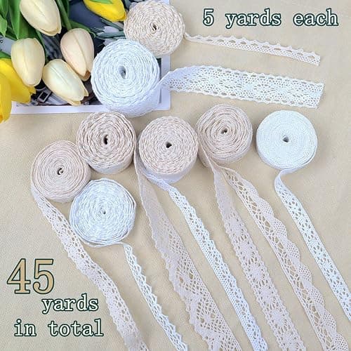 Ribbon Lace 45 Yards Vintage Ribbon Cotton Lace Craft Lace Crochet Sewing for Gift Package Wrapping, Bridal Wedding Decoration, Scrapbooking Supplies (Beige+White) thumbnail 3