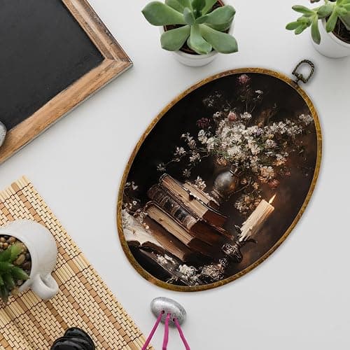 XPH Vintage Floral Book Oval Wall Art Framed, Book Lovers Gifts Oval Wall Decor, Dark Academia Flower Bookish Hanging Canvas Prints for Library Reading Nook Corner Room Decoration, 8.6x11.4 Inch thumbnail 6