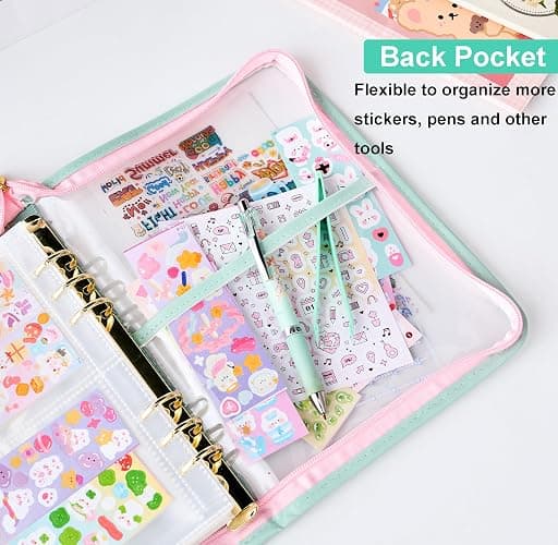 A5 Sticker Collection Organizer Binder kit large capacity (65 sheet), PU leather clear sticker storage book album with zipper closure,double-sided Collecting for journal scrapbook planner (Green) thumbnail 6