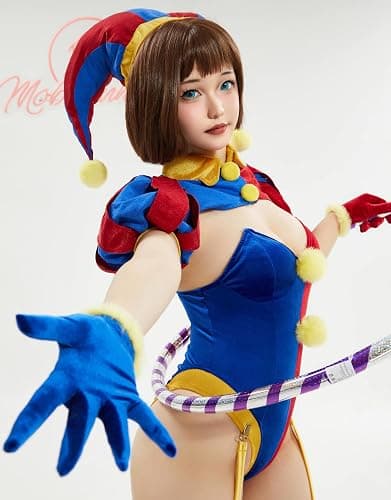 Mobbunny Women's Clown Cosplay Costume Circus Clown Bodysuit Blue Red Bodysuit and Mini Skirt with Gloves and Hat thumbnail 5