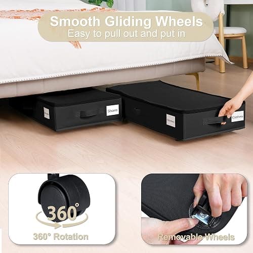 Vincona Under Bed Storage with Wheels, 2 Pack Under Bed Storage Containers with Label Holders for Clothes, Shoes and Blankets, Rolling Underbed Shoe Organizer with Cover, Black (30.71x15.7x7.28 in) thumbnail 4