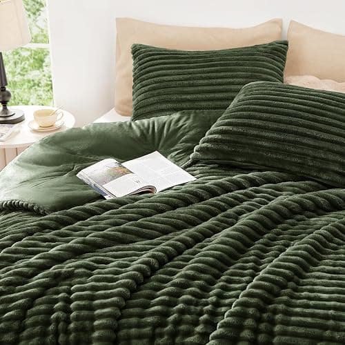 EXQ Home Fluffy Comforter Set Queen Size - Super Soft Faux Fur Stripe Jacquard Comforter 3 Pieces, Olive Green Fleece Bedding Set,Winter Warm Bed Set,1 Comforter with 2 Pillowcases thumbnail 5