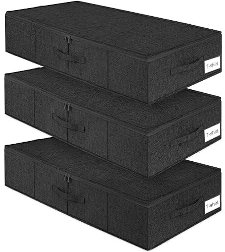Under Bed Storage Container, 3 Pack Underbed Storage Bags With Lid, Foldable Sturdy Clothes Storage Organizer W/ 3 Handles, Ultra Thick Fabric Blanket Shoe Storage Box, 30x15x6.7inch, Black, 50L - Image 1