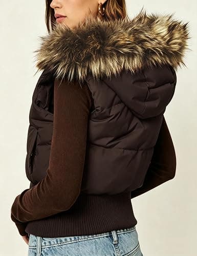 Silly Turtle Puffer Vest Women Faux Fur Hooded Fall Winter Coat Jacket | Sleeveless Vest, Detachable Faux-Fur Hood, Zip-Up, Side Pockets, Ribbed Hem, Slim Fit, Cropped, Y2K. thumbnail 3