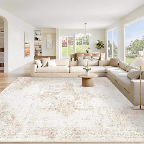 Area Rug 8x10 Washable Rug, Vintage Boho Medallion Rugs Non-Slip Soft Low Pile Large Distressed Rug Indoor Retro Carpet for Living Room Bedroom Dining Room Home Office (Beige, 8'x10') - Image 1