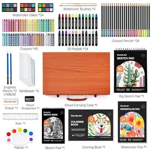 Shuttle Art 149 Piece Deluxe Art Set, Art Supplies in Wooden Case, Painting Drawing Art Kit with Acrylic Paint Pencils Oil Pastels Watercolour Cakes Colouring Book Sketch Pad for Kids and Adults thumbnail 2