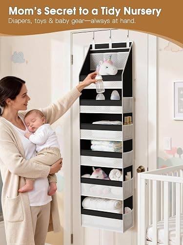 Criusia Over the Door Organizer, Heavy-Duty 6-Shelf Hanging Storage with 13 Mesh Pockets, 55lbs Capacity Behind the Door Storage for Nursery, Bathroom, Bedroom, and Dorm, Black thumbnail 5