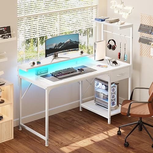 PRAISUN 47.2 Inch Gaming Desk with LED Lights & Power Outlets | Computer Desk with Drawer & Storage Shelves, Office Writing Desk with Monitor Stand for Work from Home, White thumbnail 2