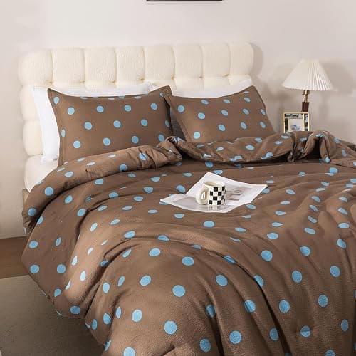 Caressma Brown Full Comforter Set with Polka Dots 3 Pieces Bedding Set | Mustard Yellow with Polka Dot Comforter Bed Set, Cozy Washed Seersucker Comforter Set with Pillowshams thumbnail 4