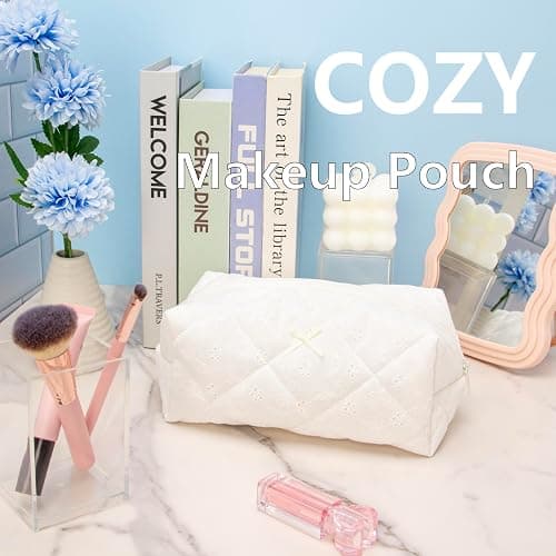PAZIMIIK Cozy Makeup Bag Travel Cosmetic Bag for Women Soft Toiletry Bag Aesthetic Makeup Organizer Portable Large Zipper Pouch for Skincare Beauty Accessories Brushes Embroidery White thumbnail 6