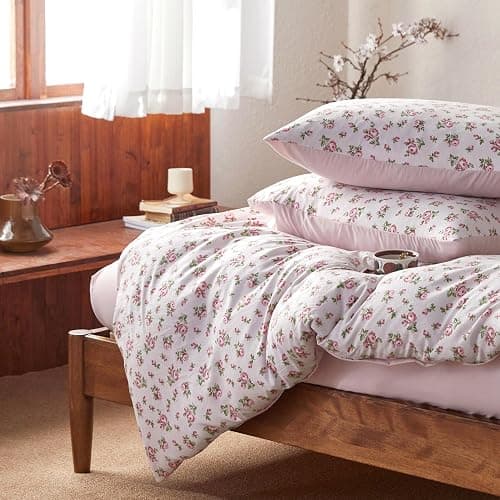 Wake In Cloud - Coquette Duvet Cover Set, Floral Cottagecore Flower Shabby Chic Cute Aesthetic, Soft Lightweight Bedding for Women Teen Girls, 3-Piece, Pink, Full Size thumbnail 5