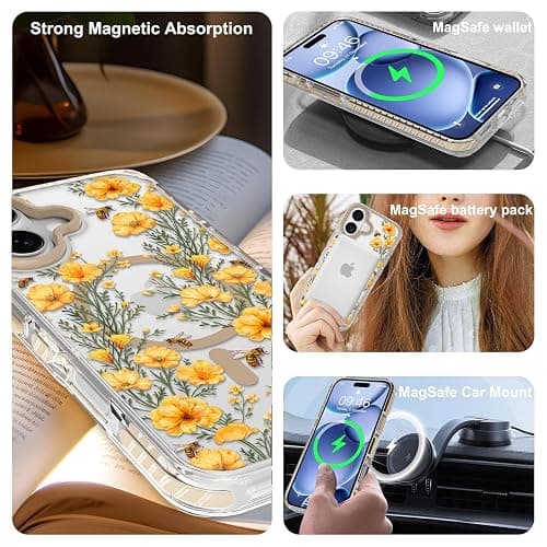 Fsoole Magnetic for iPhone 17 Case [Compatible with MagSafe] Clear Floral Flower Bee Pattern Design, Slim Shockproof Protective Phone Cover for Women Girls thumbnail 3