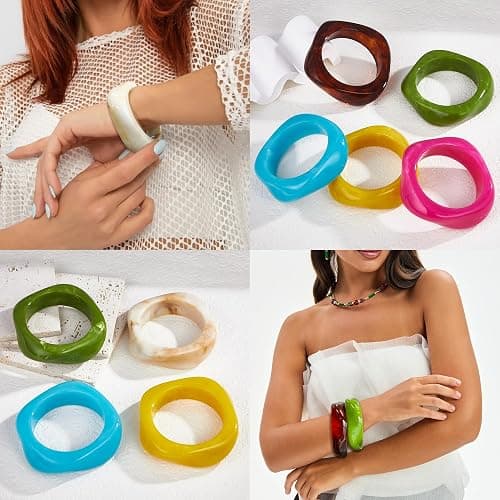 MEDOJO 6 Pcs Colorful Square Acrylic Resin Bangle Bracelet Wide Geometric Irregular Geometric Wristbands Cuff Bangle Bracelet for Women thumbnail 2