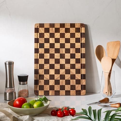 THETCHRY Cutting Boards for Kitchen, Checkered Cutting Board Upgraded, Acacia Wood Chopping Board with Juice Grooves & Handles, Large Butcher Block Serving Tray with Gift Box, 16.5" x 11.6" x 0.8" thumbnail 7