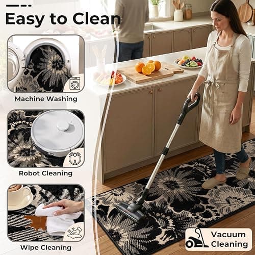 Findosom Hallway Runner Rug 2x8, Non Slip High-Low Textured Floral Washable Runner Rug with Rubber Backing, Boho Carpet Runner for Kitchen, Entryway, Bedroom, Laundry, Black & Beige thumbnail 5