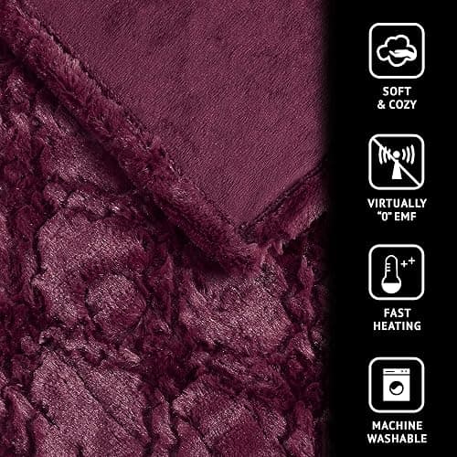 Beautyrest Long Brushed Faux Fur Ogee Textured Design Electric Blanket, Auto Shut Off, Virtually Zero EMF, Multi Heat Setting, UL Certified, Machine Washable, Burgundy Throw 50x60 thumbnail 4