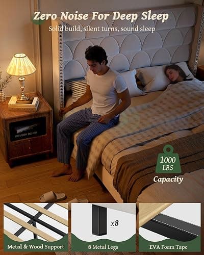 OHOHOLIVE King Size Bed Frame with 56" Headboard - Velvet Upholstered Wingback Platform Bed Frame, Noise Free, Sturdy Wooden Slat Support (Cream, King) thumbnail 3