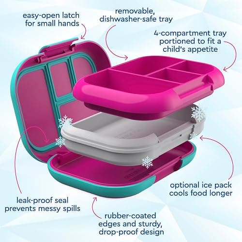 Bentgo Chill Kids Leak-Proof Lunch Box - 4-Compartment Bento Box with Built-In Ice Pack, 3.3 Cup Capacity, PFAS & BPA-Free, Microwave & Dishwasher Safe, Ideal Size for Ages 3 to 7 (Fuchsia/Teal) thumbnail 6
