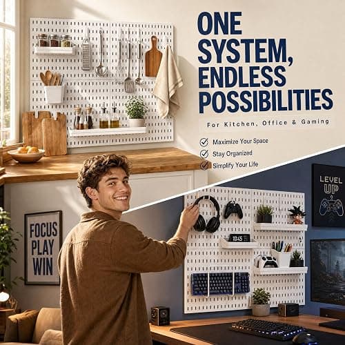 AKTOP Peg Board Wall Organizer 4-Pack – 12"x12" White Pegboard Combination Kit with 13 Accessories for Wall, Plastic Peg Board Panels for Home, Office, Garage Tool Storage & Craft Room thumbnail 6