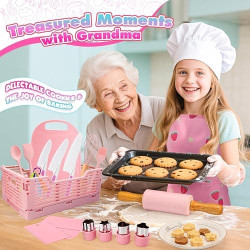 Kids Baking Cooking Set Real & Toddler Kid Apron, Kids Knife Set for Real Cooking & Basket,Food-Grade Material,Montessori Toddler Kitchen Tools, Christmas Birthday Gift for 3-10 Year Old Girls Boys thumbnail 6