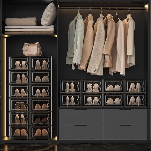 Kuject X-Large Shoe Storage Boxes Organizers Clear Plastic Stackable 12 Pack, Shoe Rack & Holder Substitute, Sneaker Containers, Toy Storage Organizer Bins for Entryway, Closet, Under Bed, Black thumbnail 2