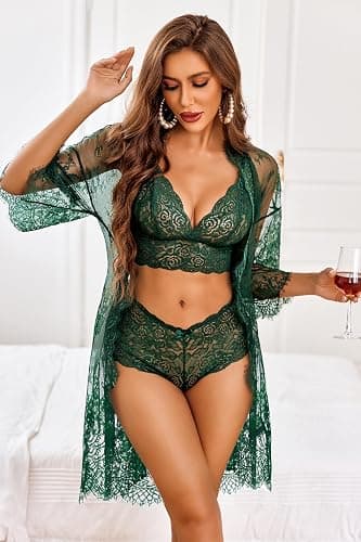 Avidlove Women Sexy Lingerie Set 3 Piece Bra and Panty Sets with Lace Kimono Robe Sleepwear Mesh Nightgown thumbnail 2