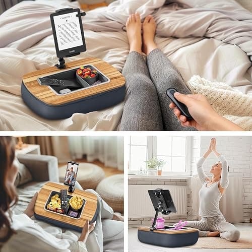 ERGONOV Lap Beanbag Tablet Pillow Stand,Adjustable iPad Holder with Snack Bowl,360° Rotating Clip for 4.7-13" Kindle,Phone,Tablet.Ideal for Hands-Free Reading and Relaxation on Bed,Couch,Recliner,Gray thumbnail 4
