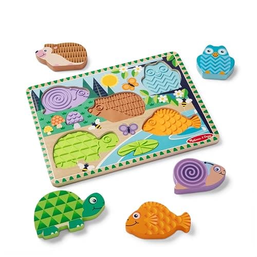 Melissa & Doug Forest Friends Touch & Feel Wooden Puzzle, 5-Piece Chunky Toddler Puzzles with Animals & Textured Silicone Puzzle Board Inlays, Preschool Toys for Girls & Boys Ages 2 and Up - Image 1