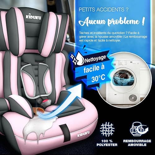 KIDUKU® Siège auto pour enfants, évoluant avec la croissance, Norme ECE R44/04, 6 couleurs disponibles, de 9 kg à 36 kg (de 1 à 12 ans), Groupe 1 + 2 + 3 (Gris/Rose) thumbnail 6