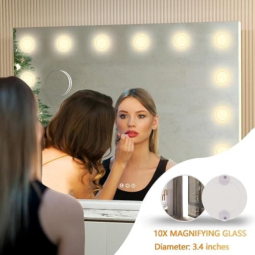 Hasipu Vanity Mirror with Lights, 32" x 24" Makeup Mirror, Light up Mirror with 14 Dimmable LED Lights and 10X Magnification, 3 Colors Modes, Touch Control, USB Charging Port, White thumbnail 4