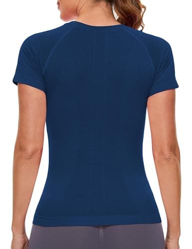 MathCat Workout Shirts for Women Short Sleeve Seamless Yoga Athletic Tees Sports Breathable Gym Athletic Tops - Medium - Navyblue thumbnail 3