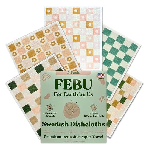 FEBU Swedish Dishcloths for Kitchen | 5 Pack Checkered Reusable Paper Towels | Reusable Paper Towels Washable | Non-Scratch Cellulose Sponge Cloths | No Odor, Biodegradable, Swedish Cloths - Checkered - 5 Count (Pack of 1) - Image 1