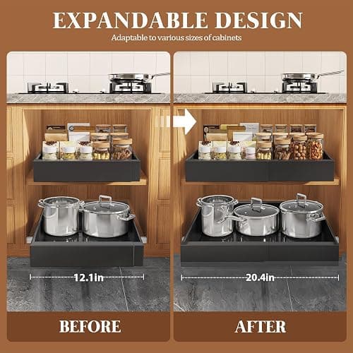 Seinloes 4 Pack Expandable Pull Out Cabinet Organizer 21"Deep With Raising Pad for Framed Cabinets,Upgrade 3 Slide Rails Slide Out Drawers,No Drill Roll Out Shelves,Adjustable Width 12.1"-20.4" Black thumbnail 4