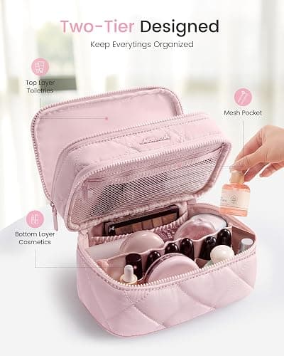LOVEVOOK Travel Makeup Bag,Large Open Flat Tolietry Bag for Women,Waterproof Portable Cosmetic Pouch,Double Layer Quilted Makeup Bag Organizer With Handle,Travel Essentials,Gift for Her thumbnail 3